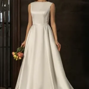 Bateau Neck Ivory Satin Illusion Lace Back Wedding Dress