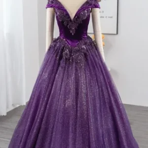 Sequinned Flower Applique Purple Glitter Quinceanera Gown
